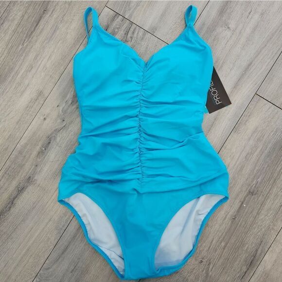 Gottex Tutti Frutti Tourqupise V-Neck Center Shirred One Piece Swimsuit size 12 - Picture 1 of 11